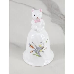 Bell Teddy Bear w/ Pink Bow 4" Orchid Flower Genuine Bone China 80s Taiwan Vtg